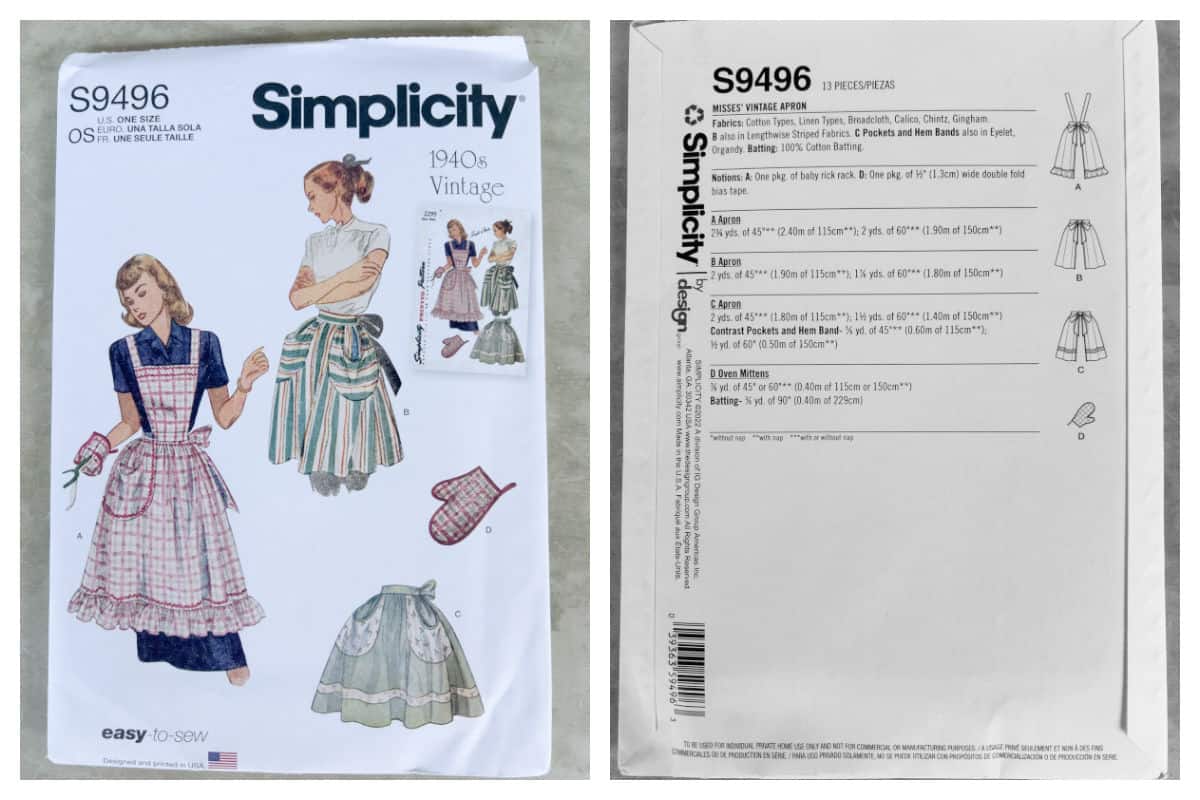 Front and back of a Simplicity S9496 sewing pattern for vintage 1940s aprons, showing illustrated apron designs on the left and pattern details with fabric requirements on the right.