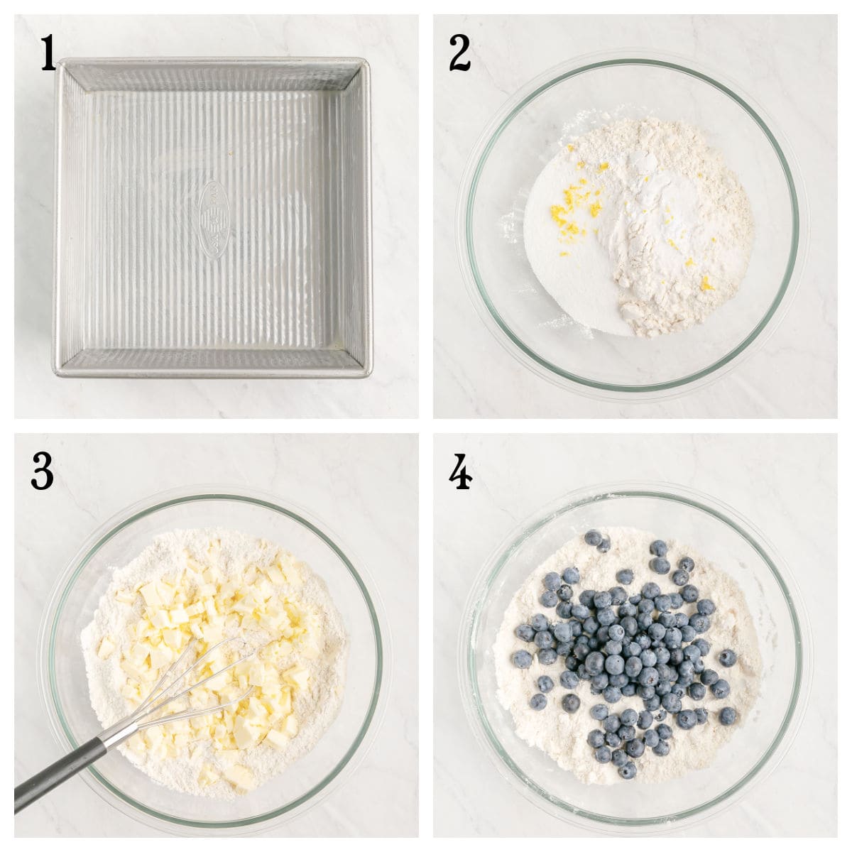 Four-step collage: 1) An empty square baking pan, 2) Mixing bowl with flour and lemon zest, 3) Cubes of butter added to flour mixture, 4) Fresh blueberries added to the mixture in the bowl.