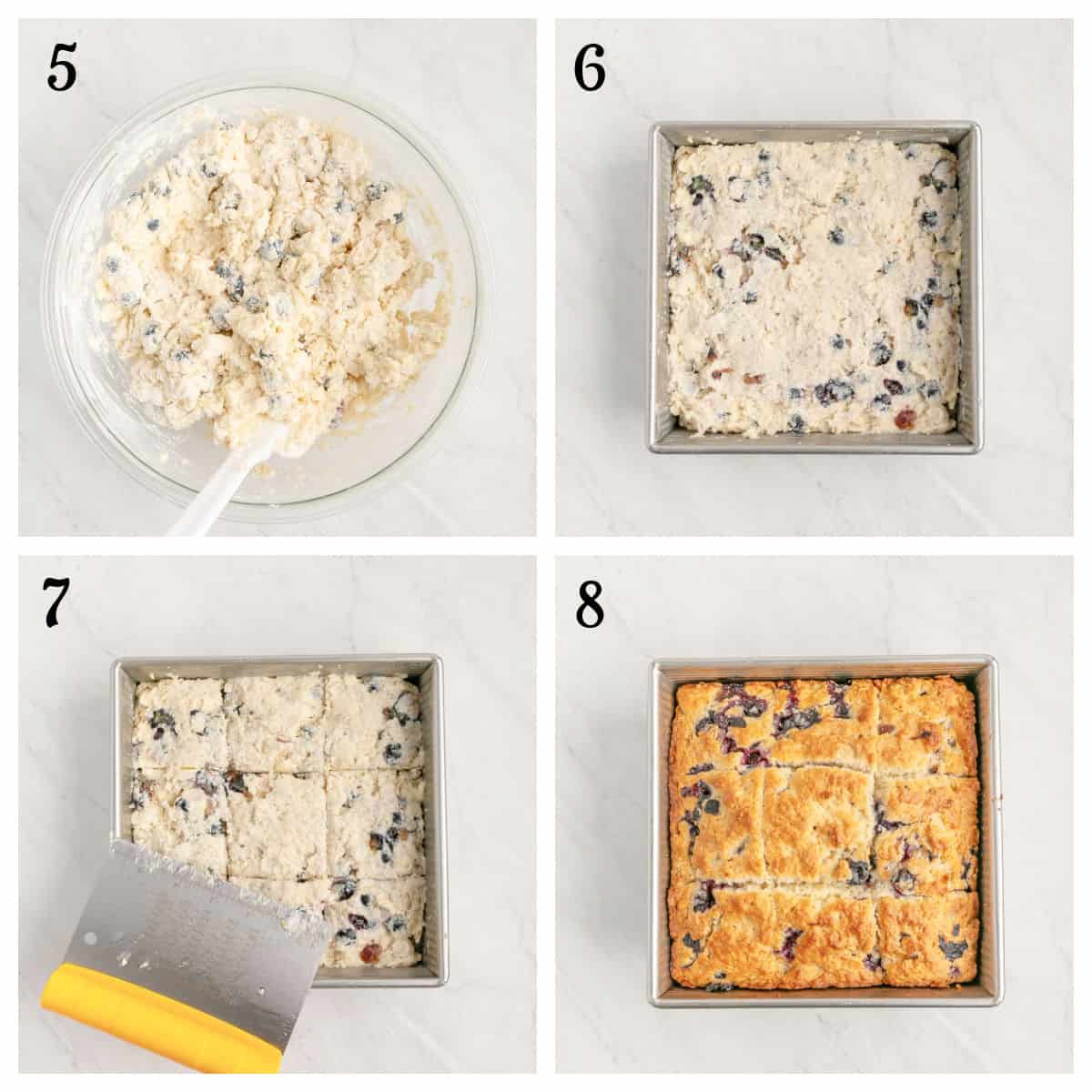 Four-step collage showing: 1) A bowl of mixed batter with blueberries and a spatula. 2) The batter spread in a square baking pan. 3) The pan with the baked mixture being cut. 4) The finished golden-brown baked squares.