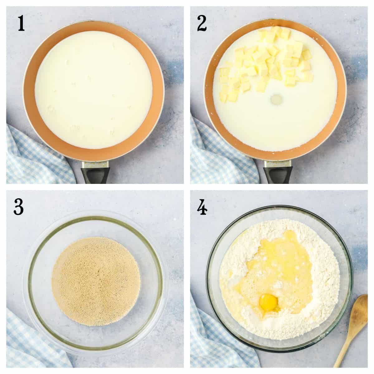 A four-step collage: 1) Milk in a pan. 2) Butter cubes added to the milk in the pan. 3) Yeast dissolving in a bowl of liquid. 4) Flour in a bowl with a cracked egg and melted butter mixture in the center.