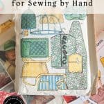 A vintage sewing pattern envelope with colorful bag illustrations lies on scattered craft magazines. Text overlay reads: “Adapting Vintage Craft for Sewing by Hand.” Website link is shown at the bottom.