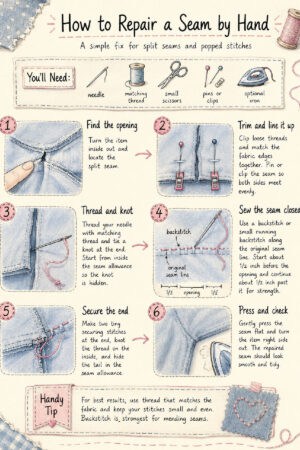 A step-by-step illustrated guide showing how to repair a seam by hand, including needed tools, threading, sewing technique, and tips for securing and pressing the seam. Soft pastel colors and drawings are used throughout.