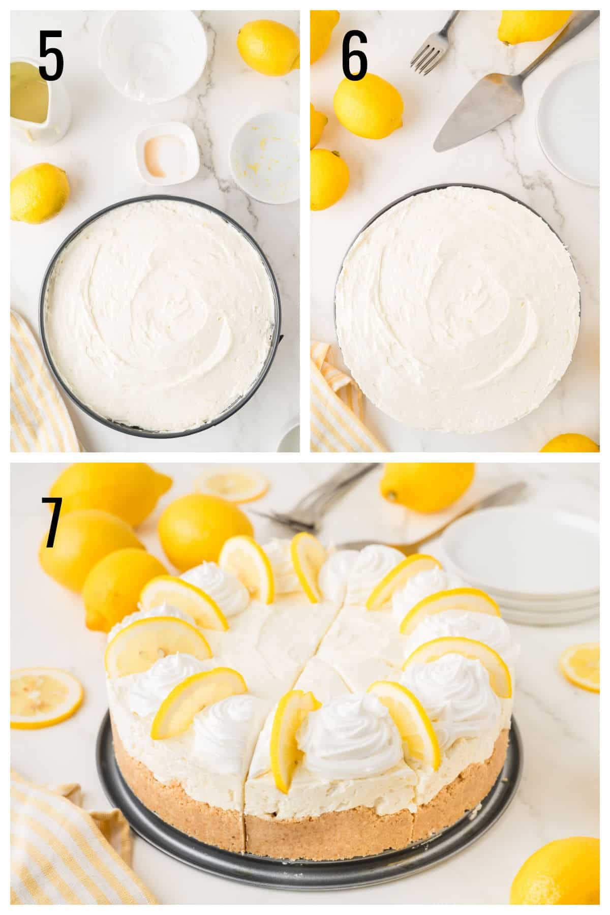 Step-by-step images showing a cheesecake in a pan with whipped topping (steps 5-6), then sliced and decorated with lemon slices and piped cream (step 7). Fresh lemons and serving utensils are around the cheesecake.