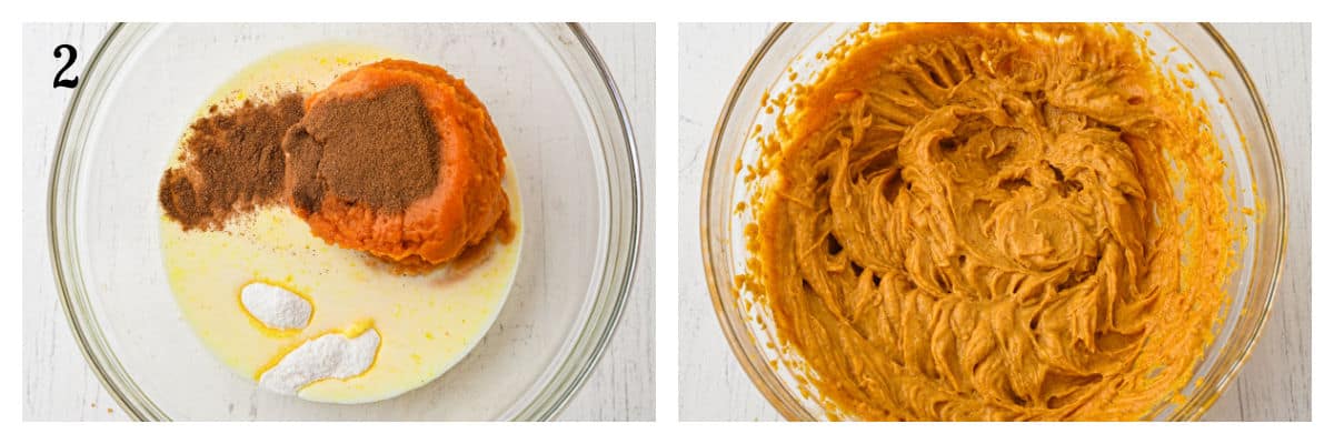Two side-by-side images: Left, a bowl with pumpkin puree, milk, spices, and baking ingredients. Right, the same bowl with all ingredients mixed into a smooth, orange batter.