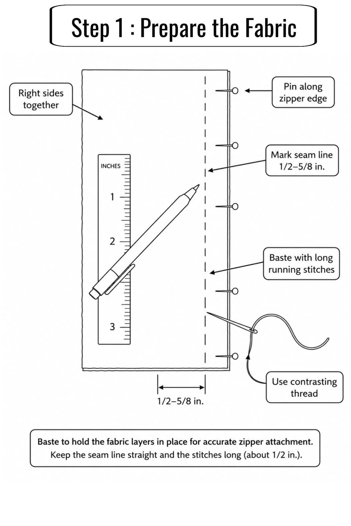 Diagram showing step 1 of fabric preparation for zipper attachment: fabric pieces aligned right sides together, marked with a seam line 1/2 inch from edge, pinned, basted with long stitches, and a ruler and pencil for marking.