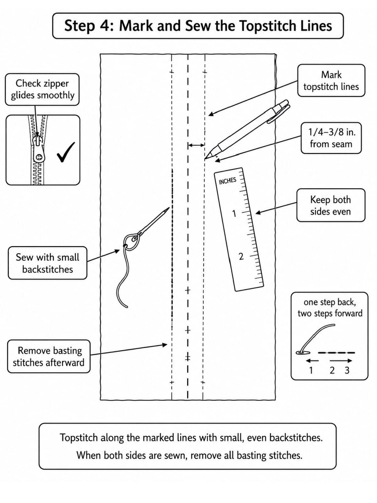 Step-by-step sewing instructions for marking and sewing topstitch lines, including diagrams of tools, zipper placement, measuring, sewing with backstitches, and removing basting stitches.